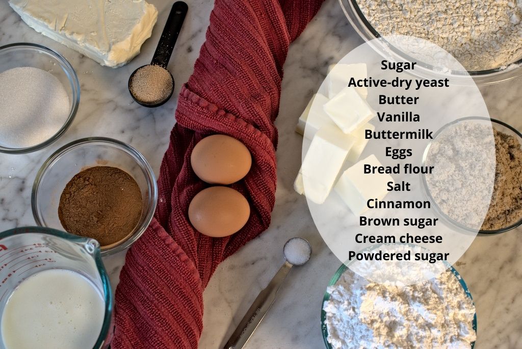 ingredients to make buttermilk cinnamon rolls 