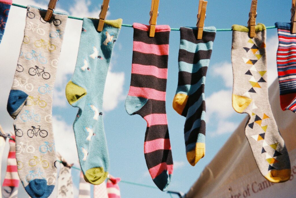 a laundry line of socks